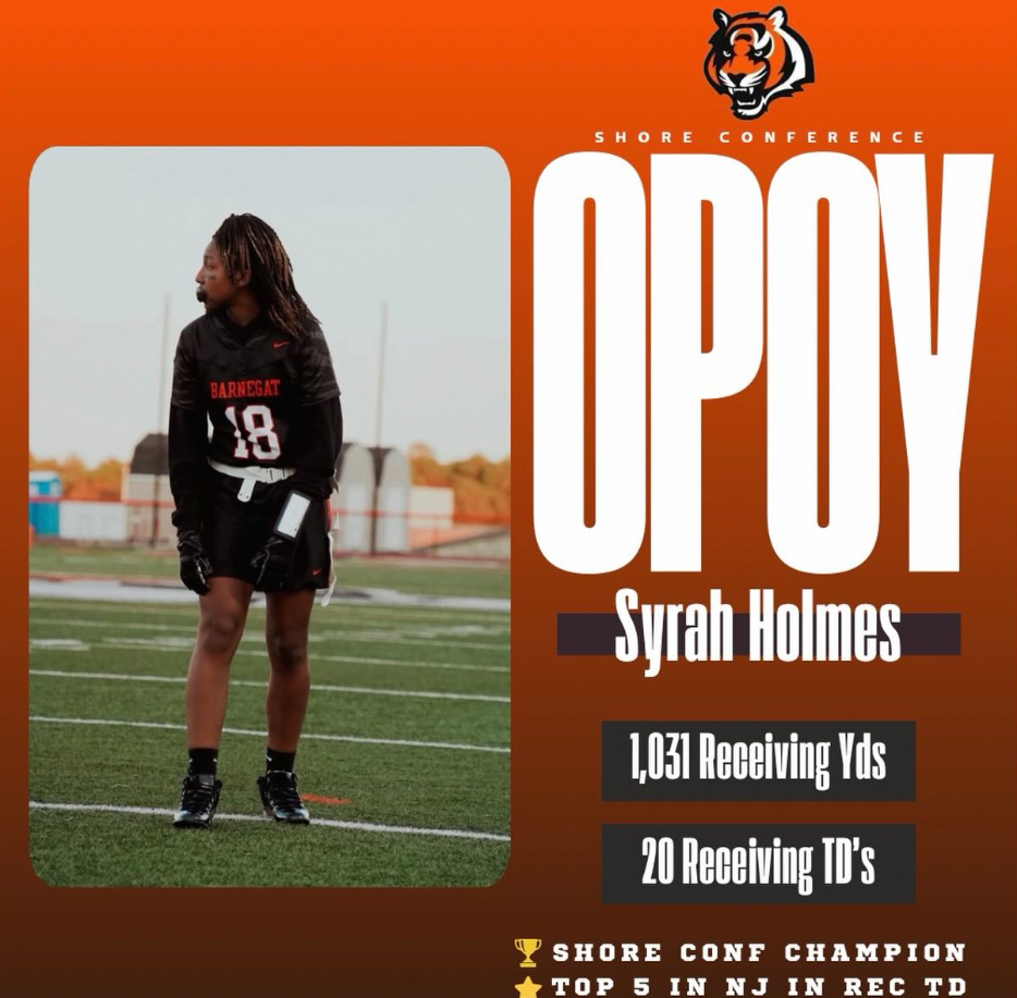 Image of Syrah on the field that states OPOY, her name, 1, 031 receiving yards, 20 receiving TD's, top 5 in NJ in rec TD.
