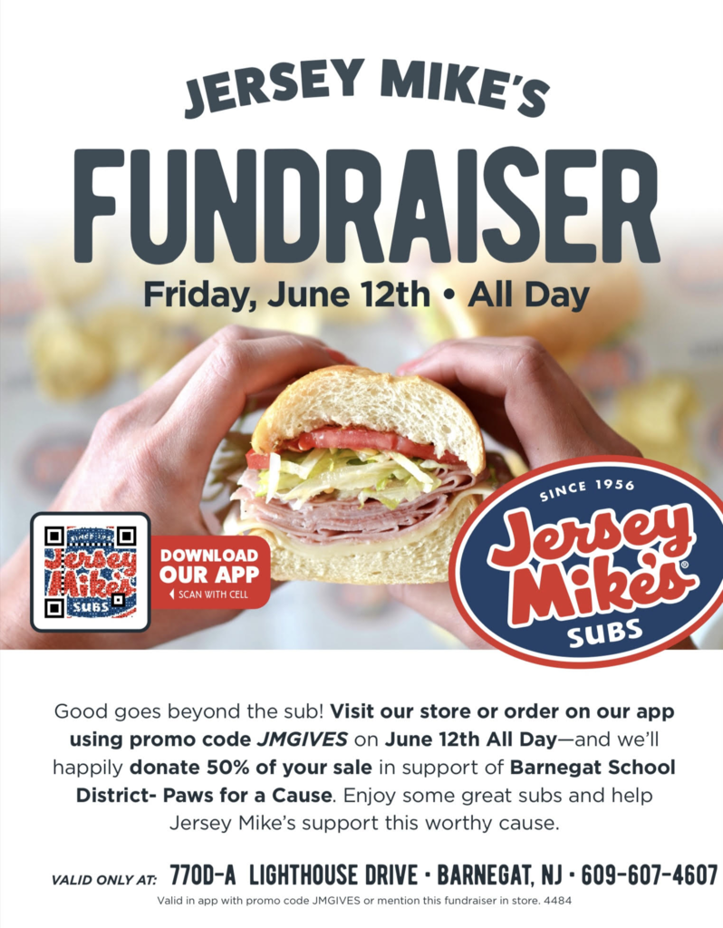 Image of the Jersey Mike's flyer that supports Paws For A Cause if dining there on June 12th.