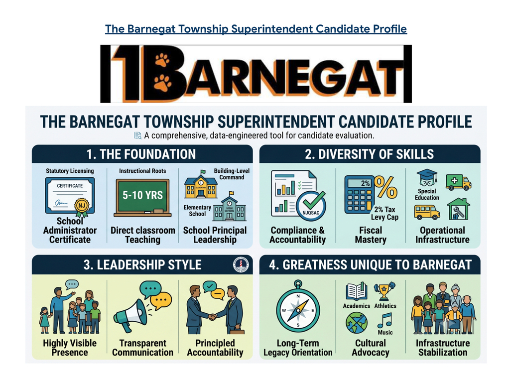 Image of the Barnegat Township Superintendent Candidate Profile broken down into four categories with images of subsections: 1. The Foundation 2. Diversity of Skills 3. Leadership Style 4. Greatness Unique to Barnegat