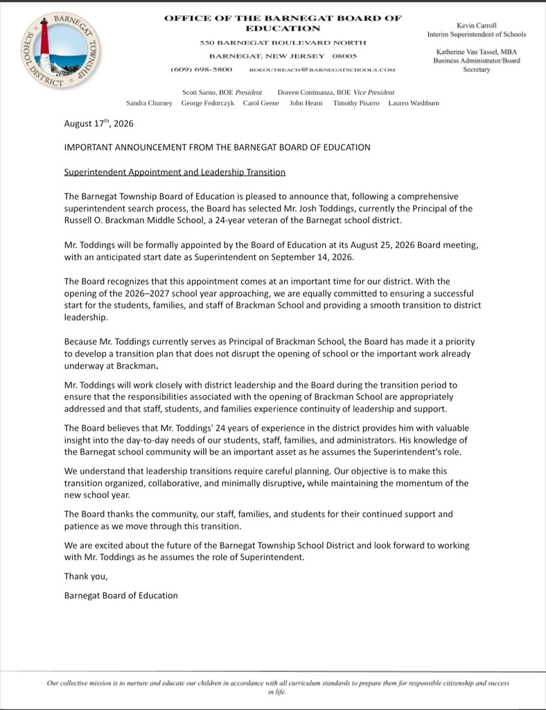 Toddings Superintendent Letter