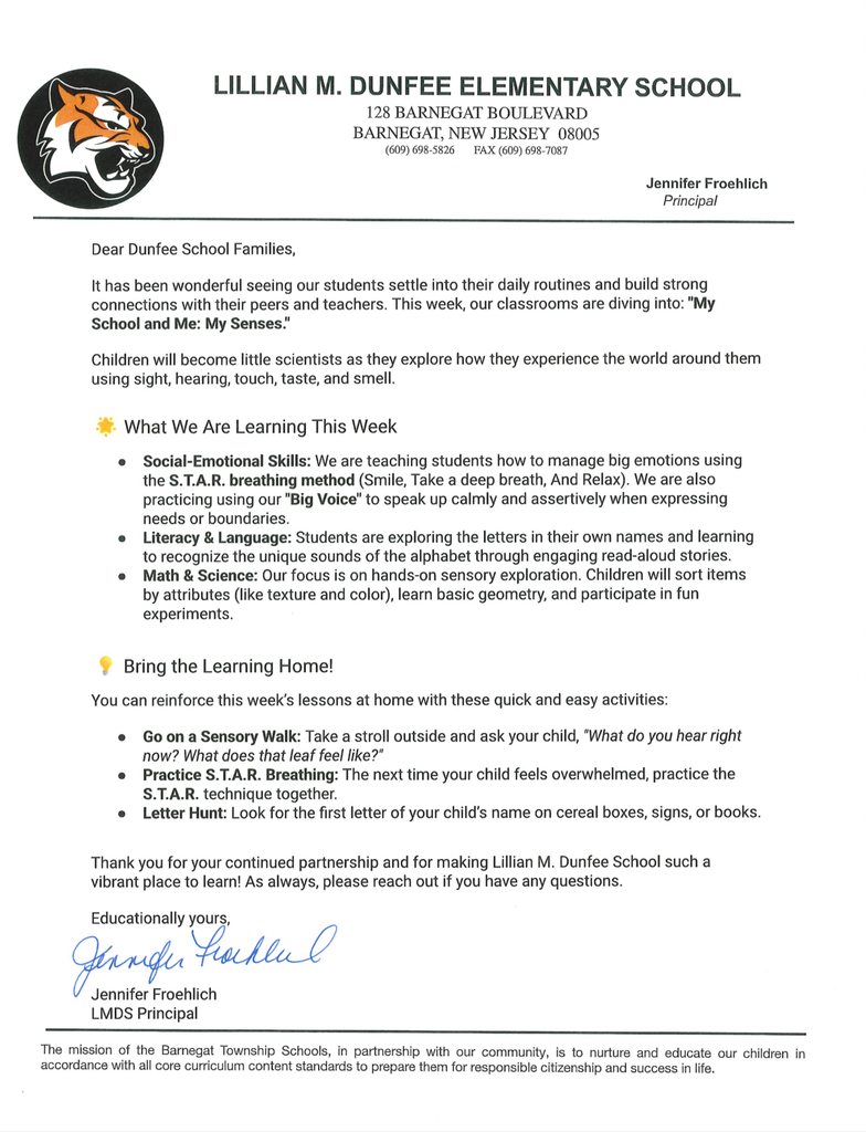 Weekly letter from the Dunfee School Principal to families regarding what the classrooms are working on. This week is My School and Me: My Senses.