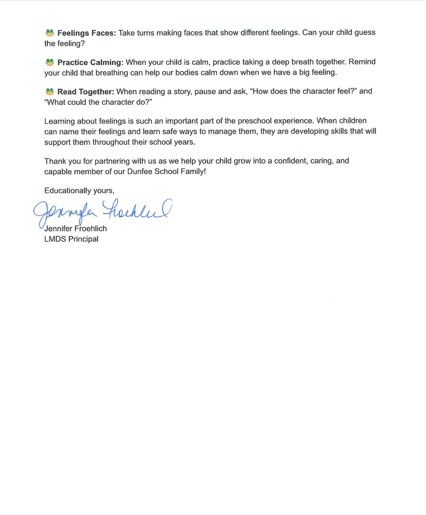 Weekly letter from the Dunfee School Principal to families regarding what the classrooms are working on. This week is Social Emotional Learning and Language and Literacy. This is page two of two.