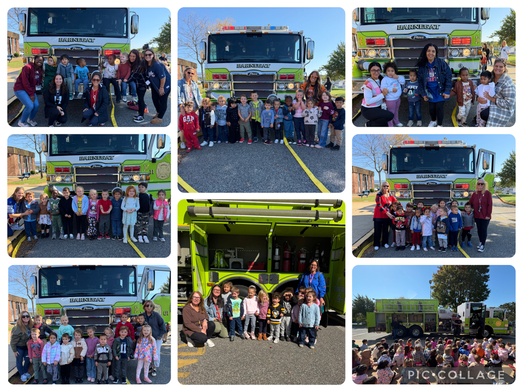 Picture collage of eight different images of classes posing with the fire truck. 