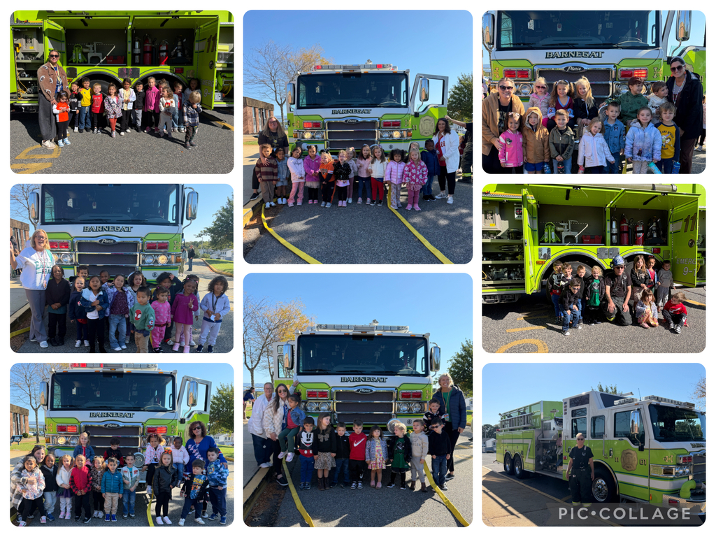 Picture collage of eight different images of classes posing with the fire truck. 
