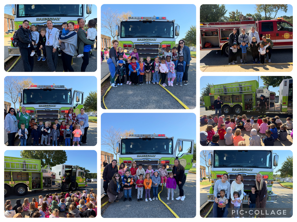 Picture collage of eight different images of classes posing with the fire truck. 