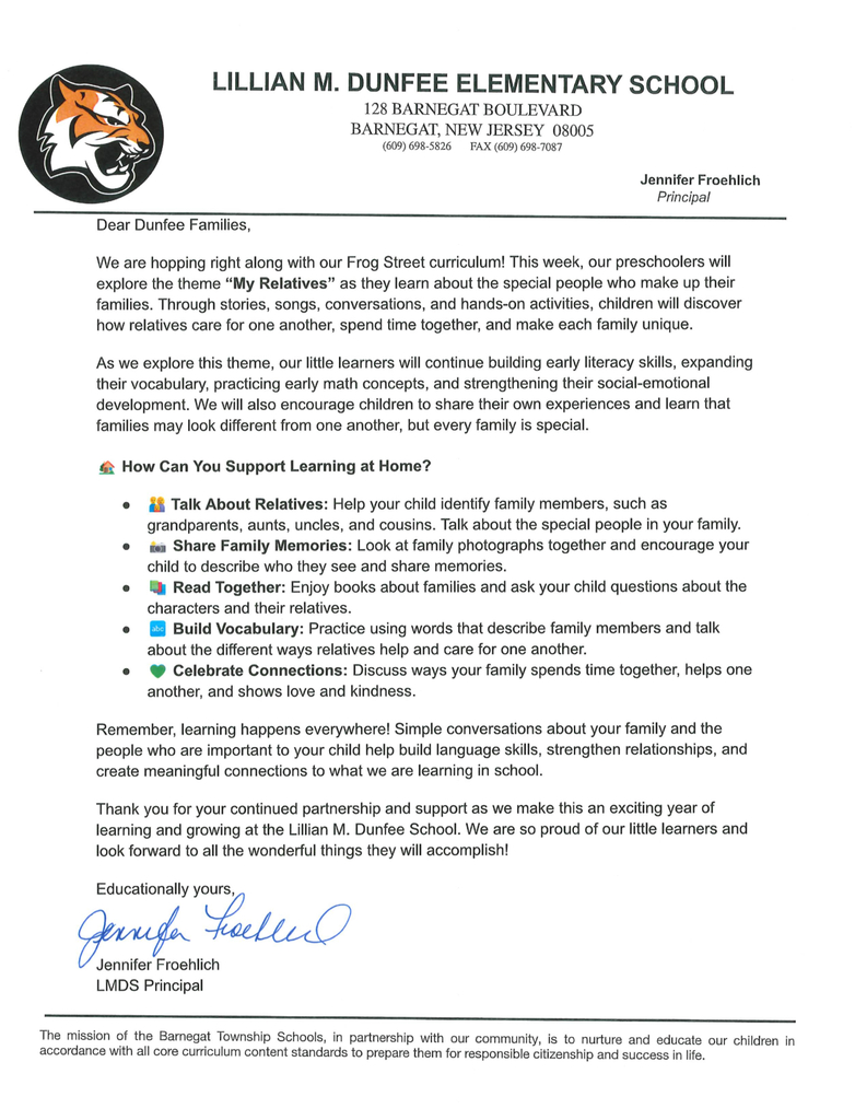 Weekly letter from the Dunfee School Principal to families regarding what the classrooms are working on. This week is My School and Me: My Senses.