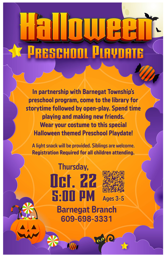 Flyer with information on the Preschool Playdate sponsored by the Barnegat Branch of the Ocean County Library. There will be storytime and open play. 