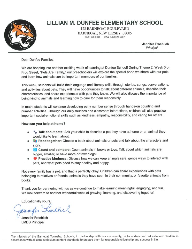 Weekly letter from the Dunfee School Principal to families regarding what the classrooms are working on. This week is Pets are Family.