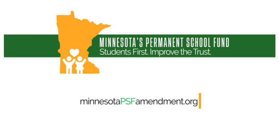 Yellow State of MN with two all white clip art people standing at the bottom of it with hands raised up and a white heart above them and a green horizontal bar behind it all with white words