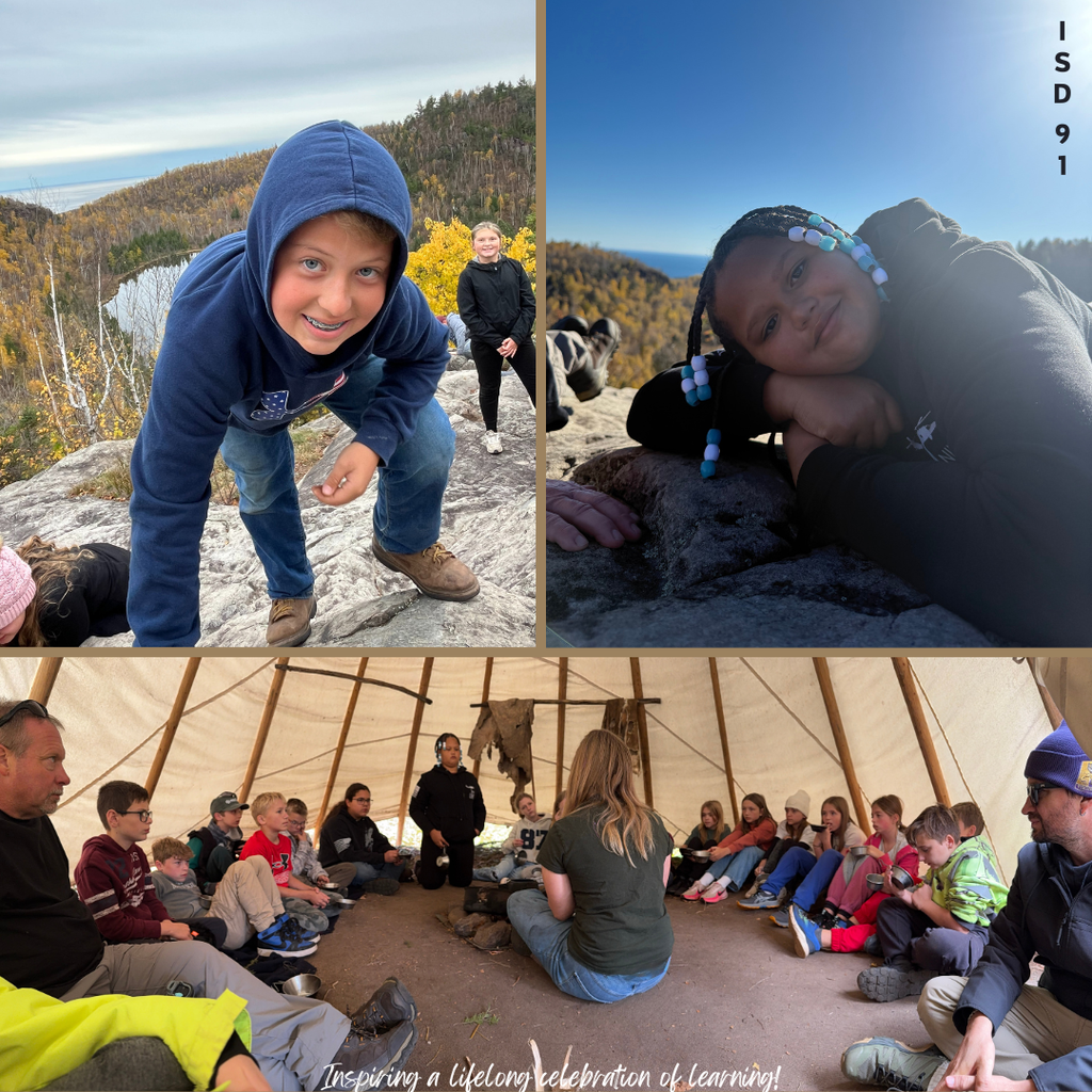Kids outside on rocks and in a tent