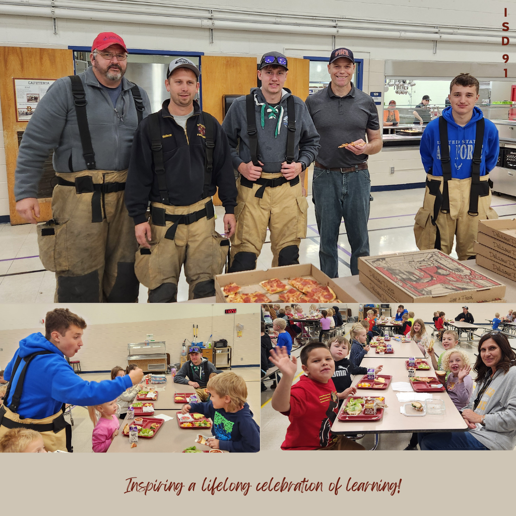 Firefighters serving pizza to BES students