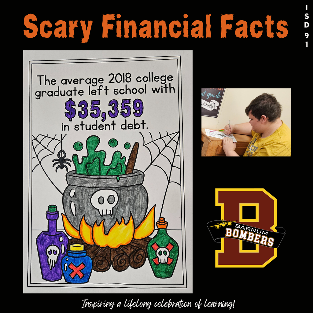 Student coloring a Scary Financials Fact sheet
