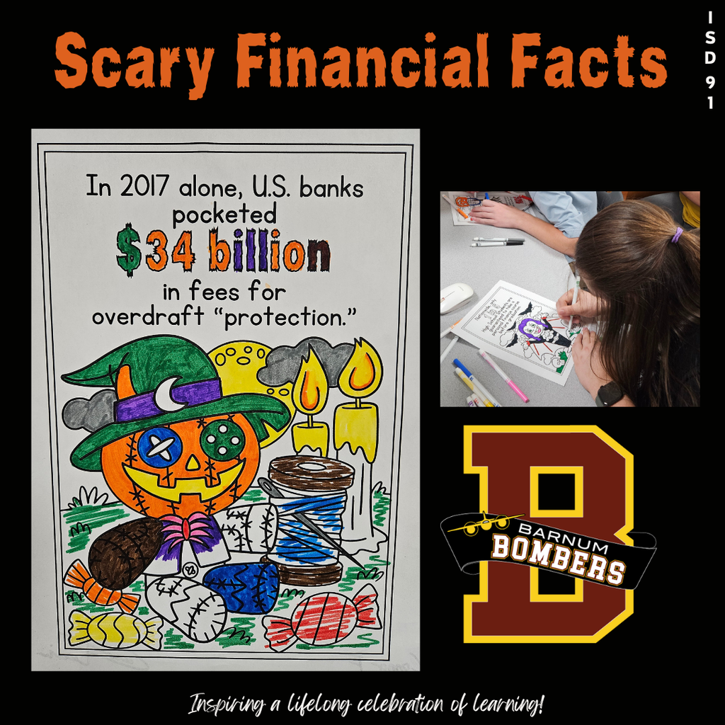 Student coloring a Scary Financials Fact sheet