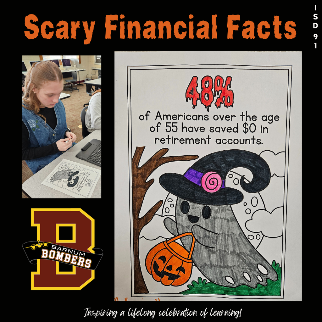 Student coloring a Scary Financials Fact sheet
