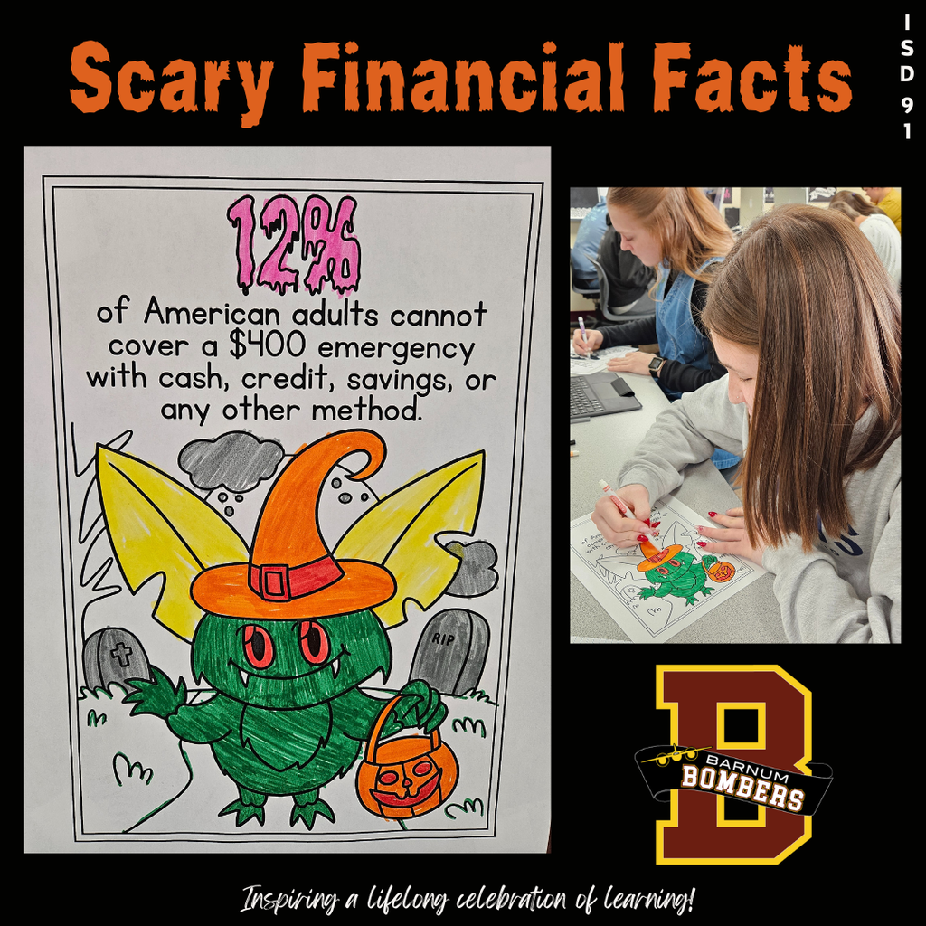 Student coloring a Scary Financials Fact sheet