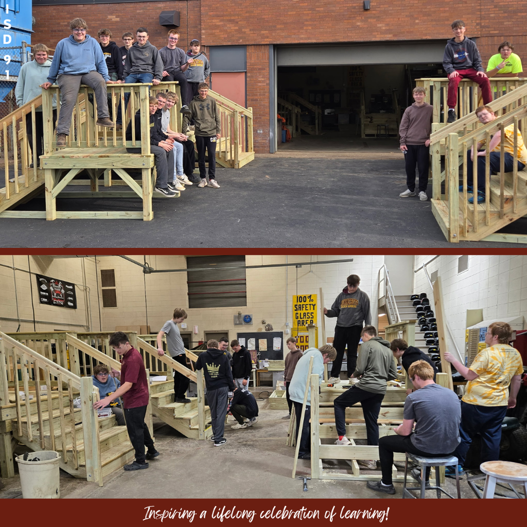 BHS Students showing off the desk stairs they built in Into to Construction