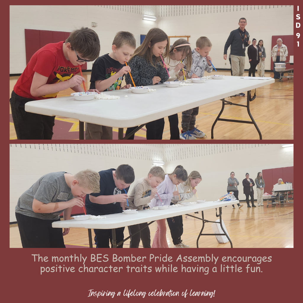 Feb BES Assembly kids playing a game with marshmallows and straws