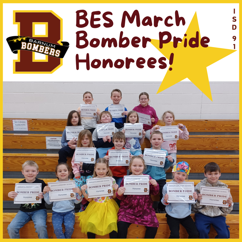K-Gr 6 students holding their Bomber Pride Honoree certificates with big smiles while sitting together on the bleachers