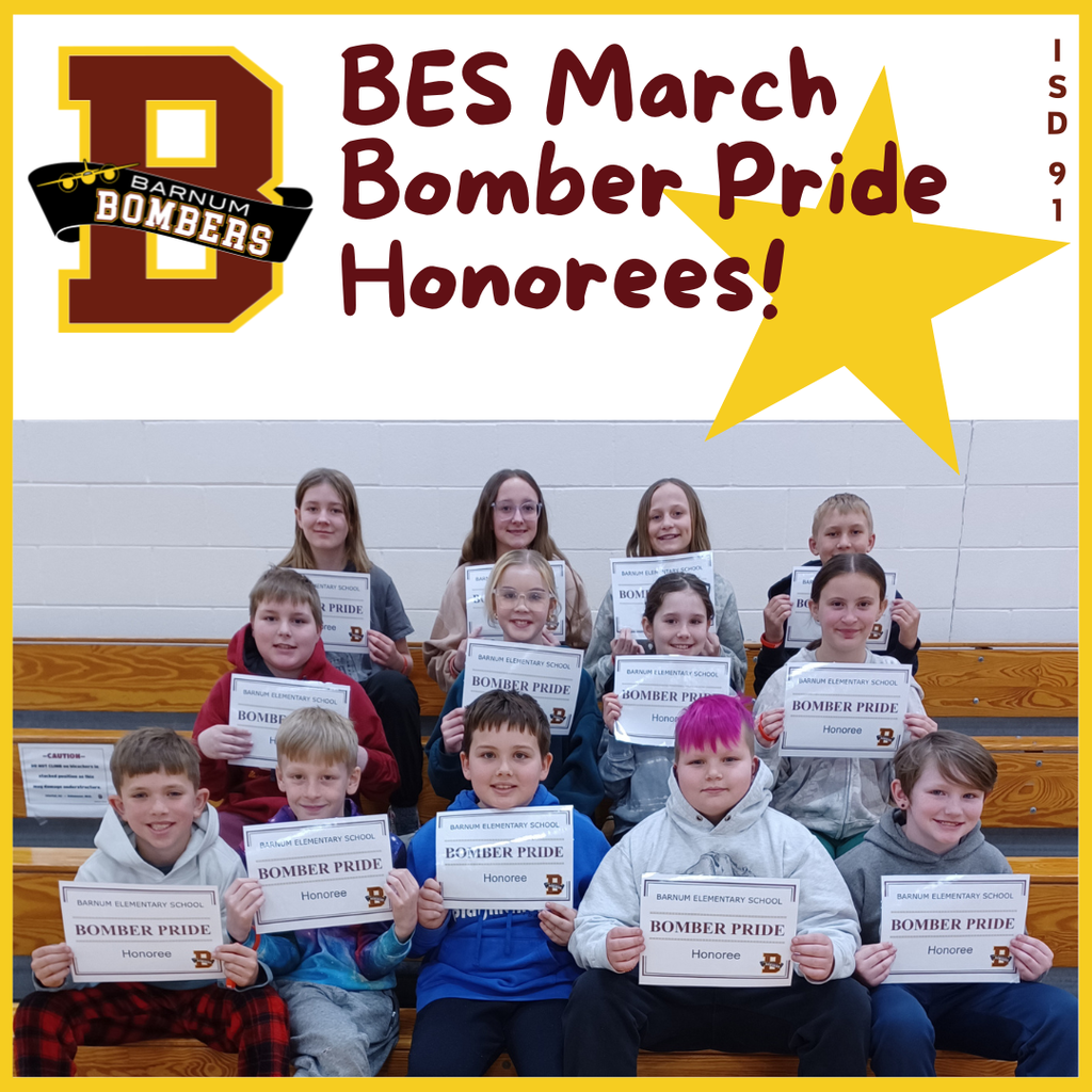 Gr 4-6 students displaying their Bomber Pride awards with a smile, sitting in a group on the bleachers