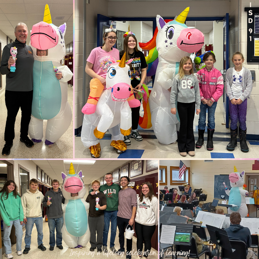 Unicorn posing with staff and students and directing the band