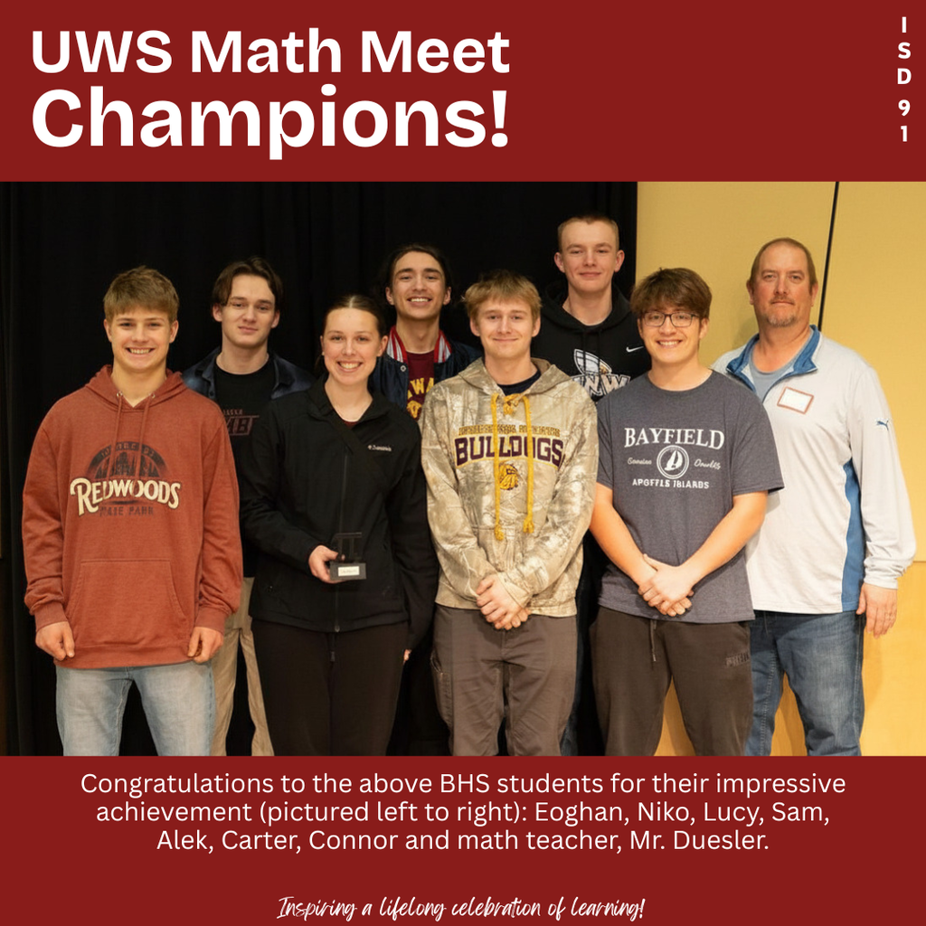 7 BHS students and math teacher posing with their math team award