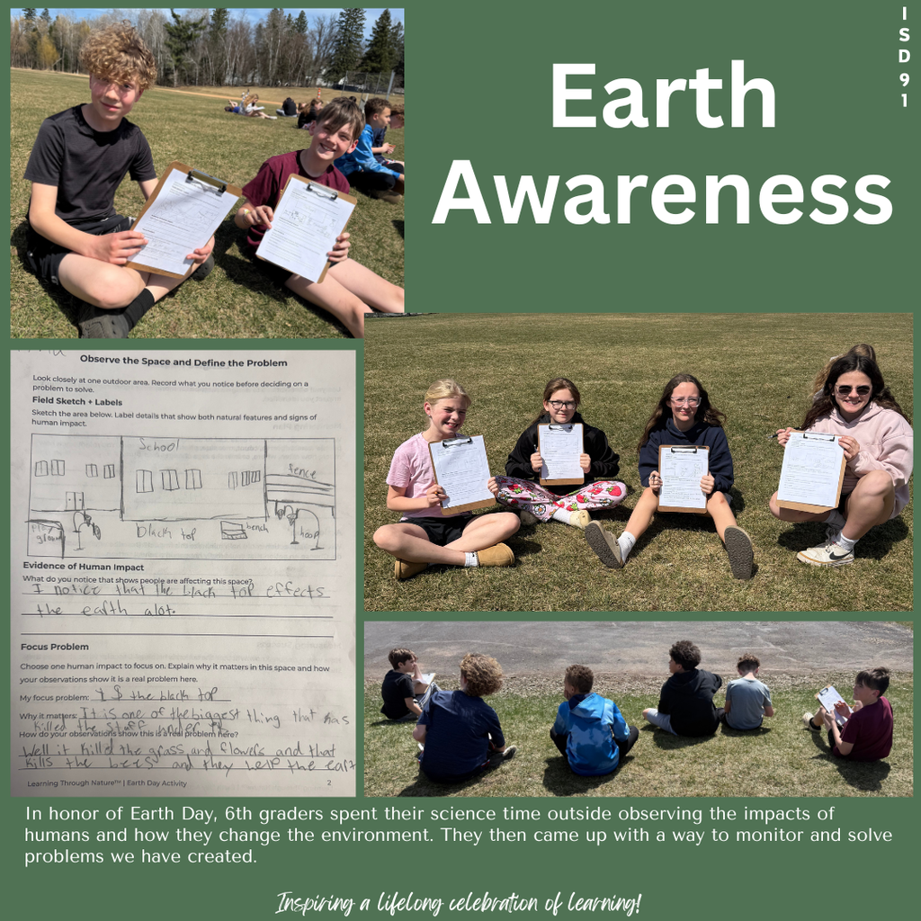 BES 6th graders sitting outside the school on the grass observing human impact on the environment