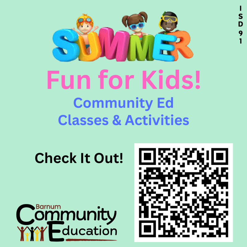 clipart of young kids in swimsuits and goggles with the word summer and community ed summer class info