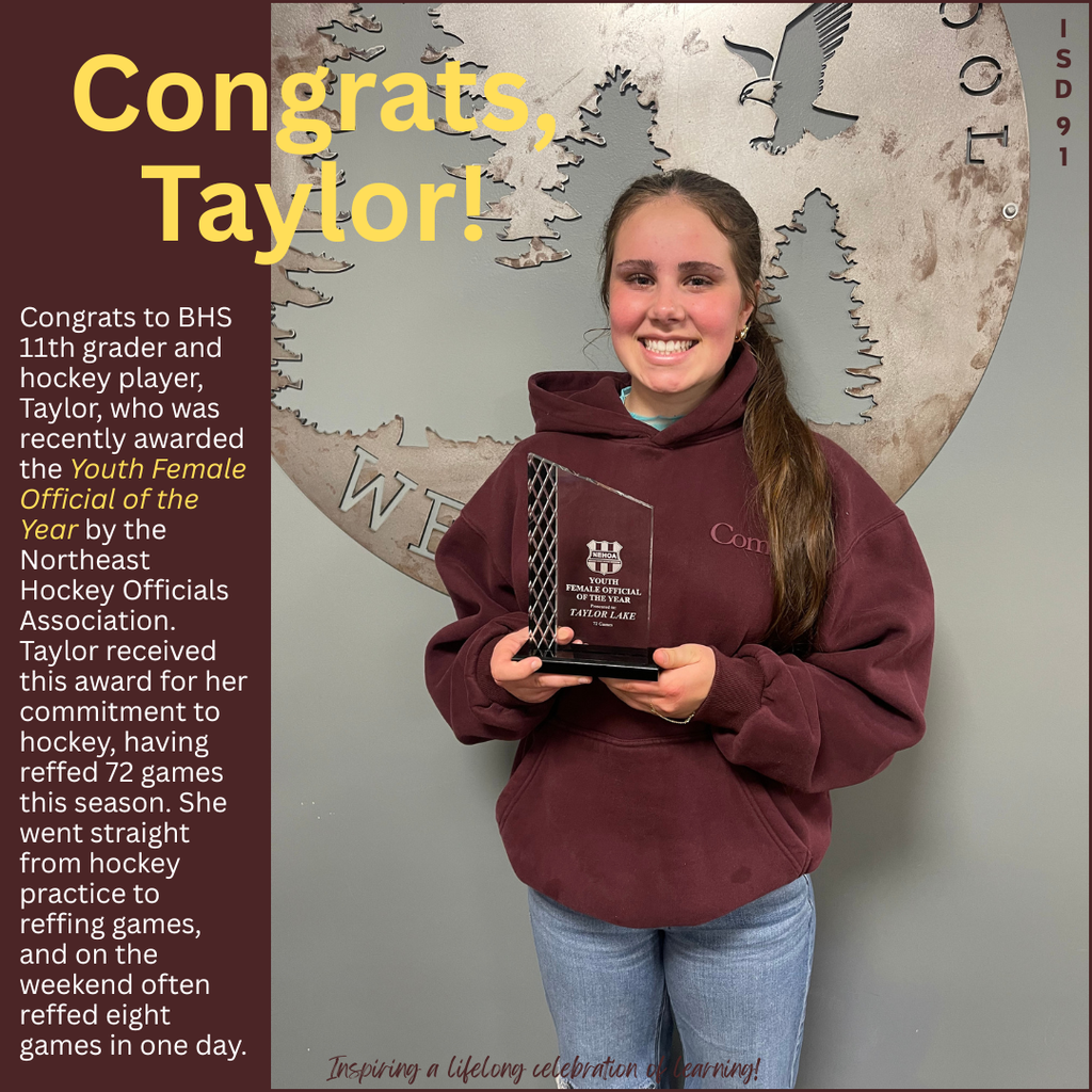 11th grader holding award for youth female official of the year for hockey