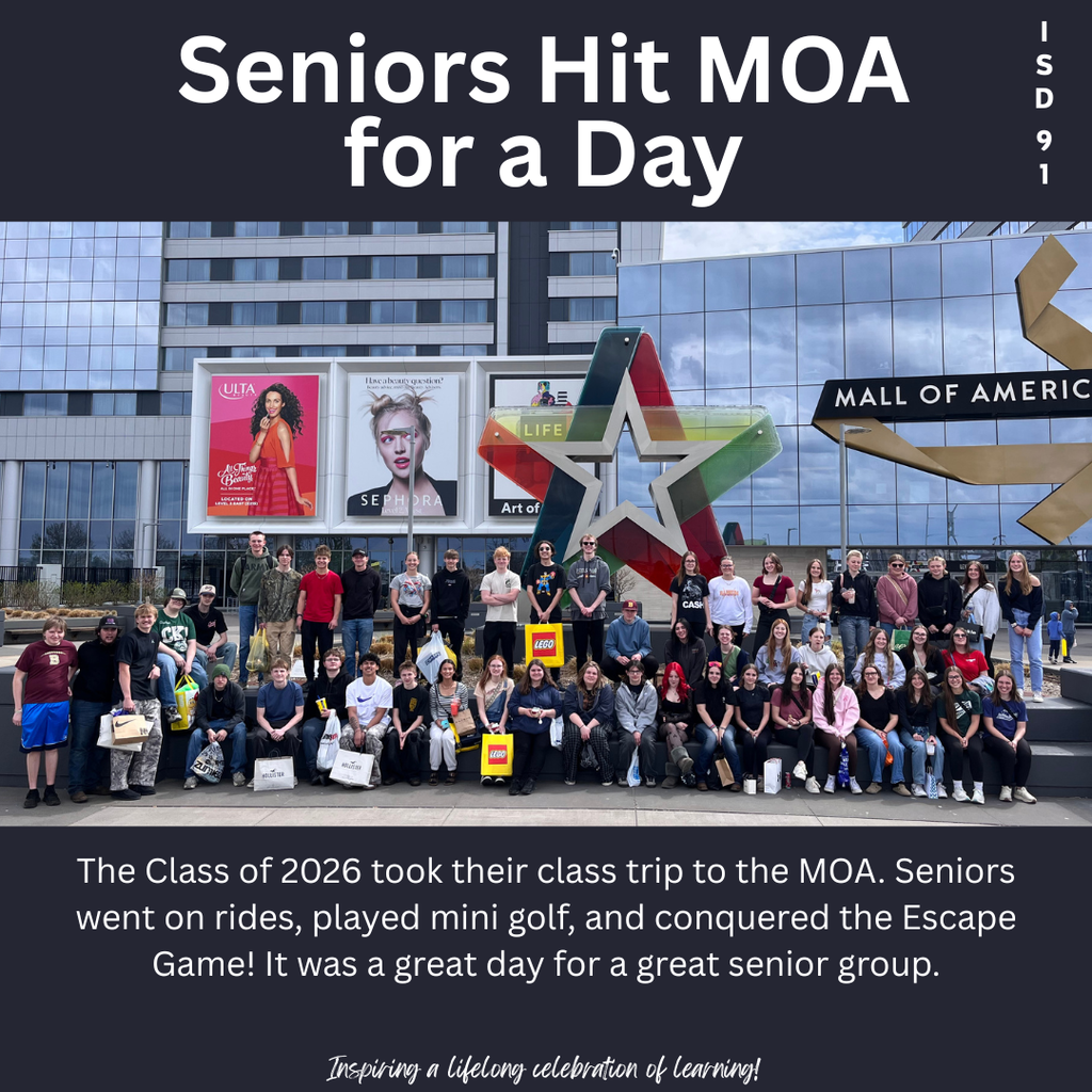 Senior class posing in front of the entrance to the Mall of America
