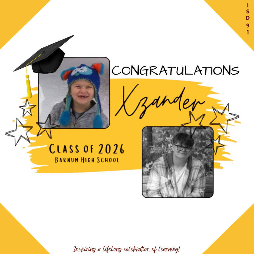 Congrats Barnum Class of 2026 - 2 pics of male graduate, one when young and one current