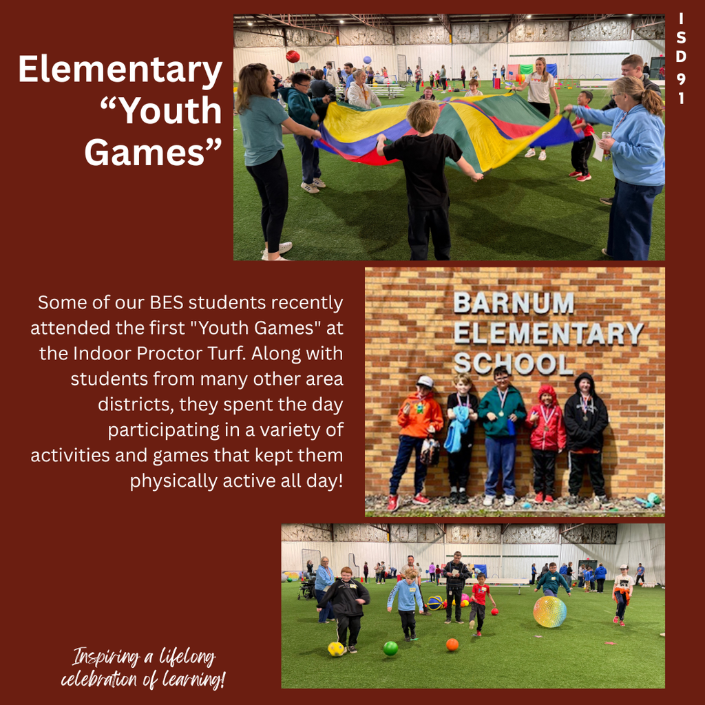 Elementary students playing games at an indoor turf activity center.