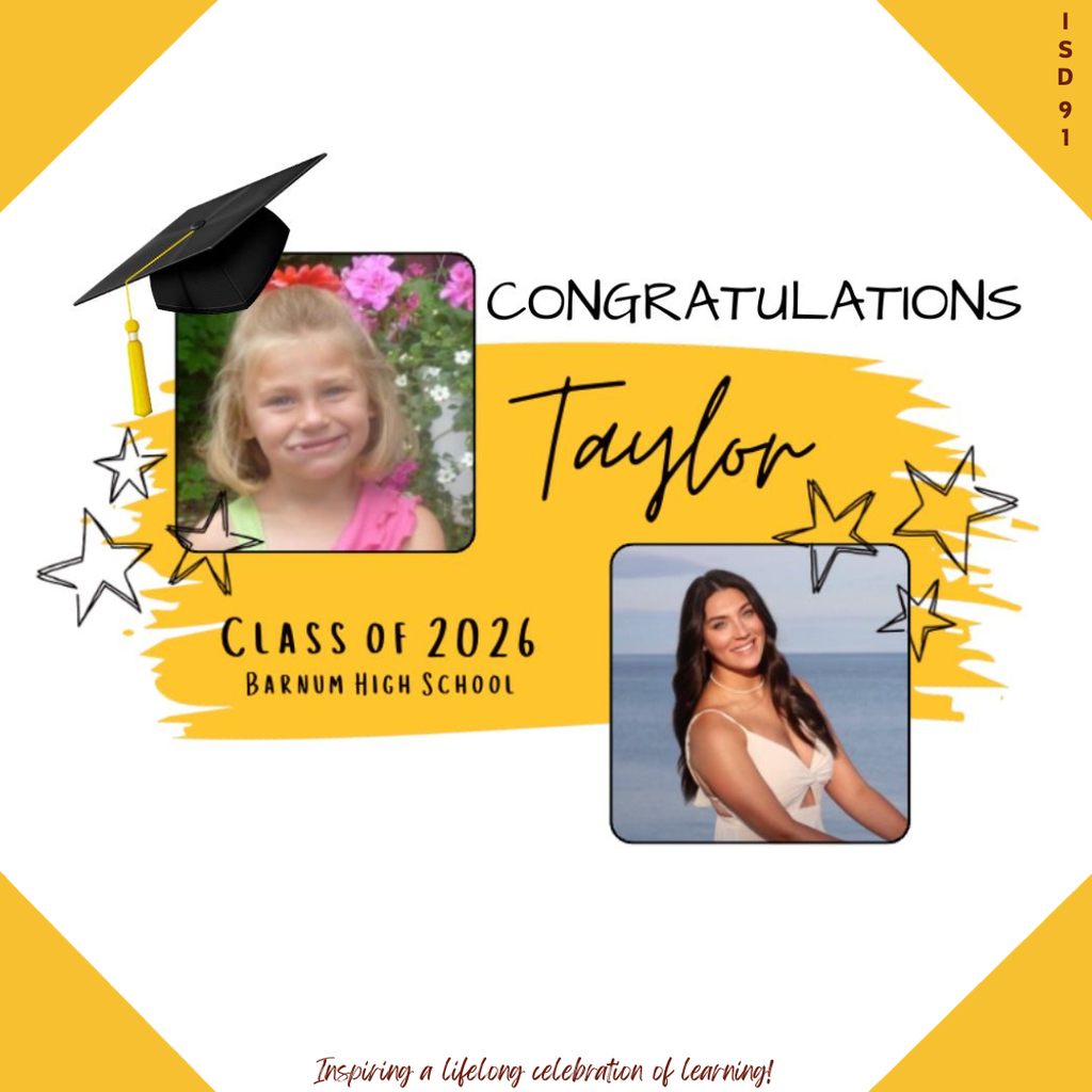 Congrats Barnum Class of 2026 - 2 pics of female graduate, one when young and one current