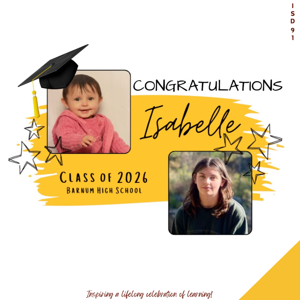 Congrats Barnum Class of 2026 - 2 pics of female graduate, one when young and one current