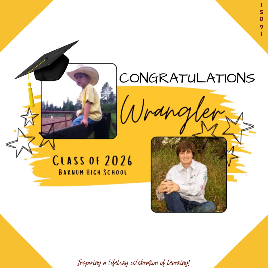 Congrats Barnum Class of 2026 - 2 pics of male graduate, one when young and one current