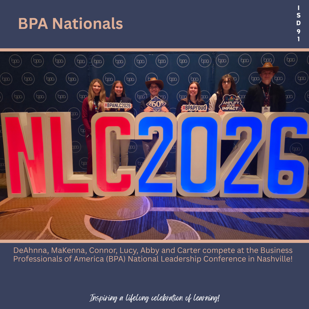 6 high school students standing behind a big sign  the says NLC (in red) 2026 (in blue)