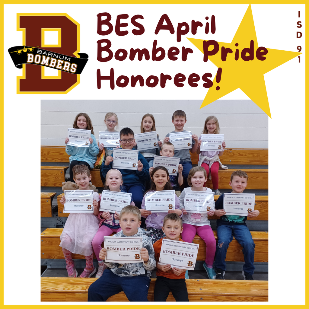 14 Gr. K-3 students on gym bleachers holding Bomber Pride certicates