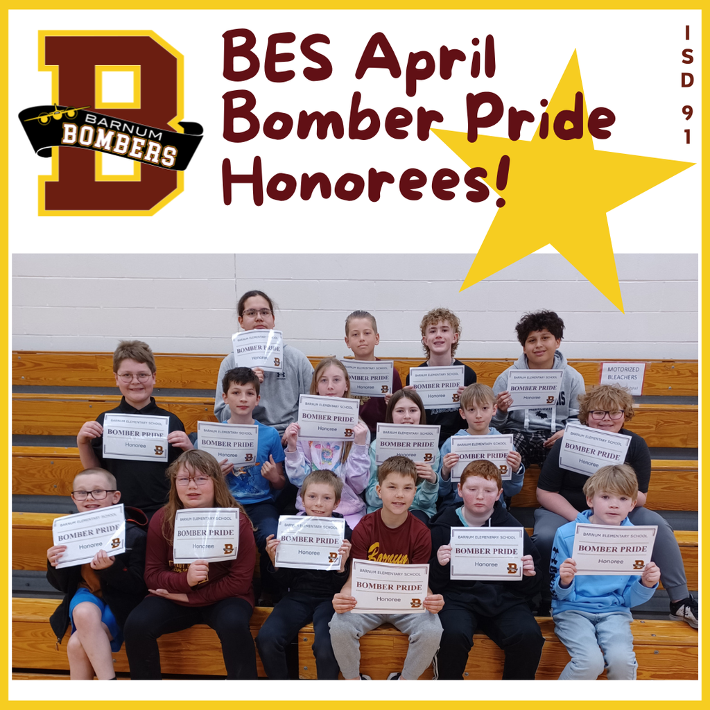 16 gr. 4-6 students sitting on gym bleachers holding Bomber Pride certificates