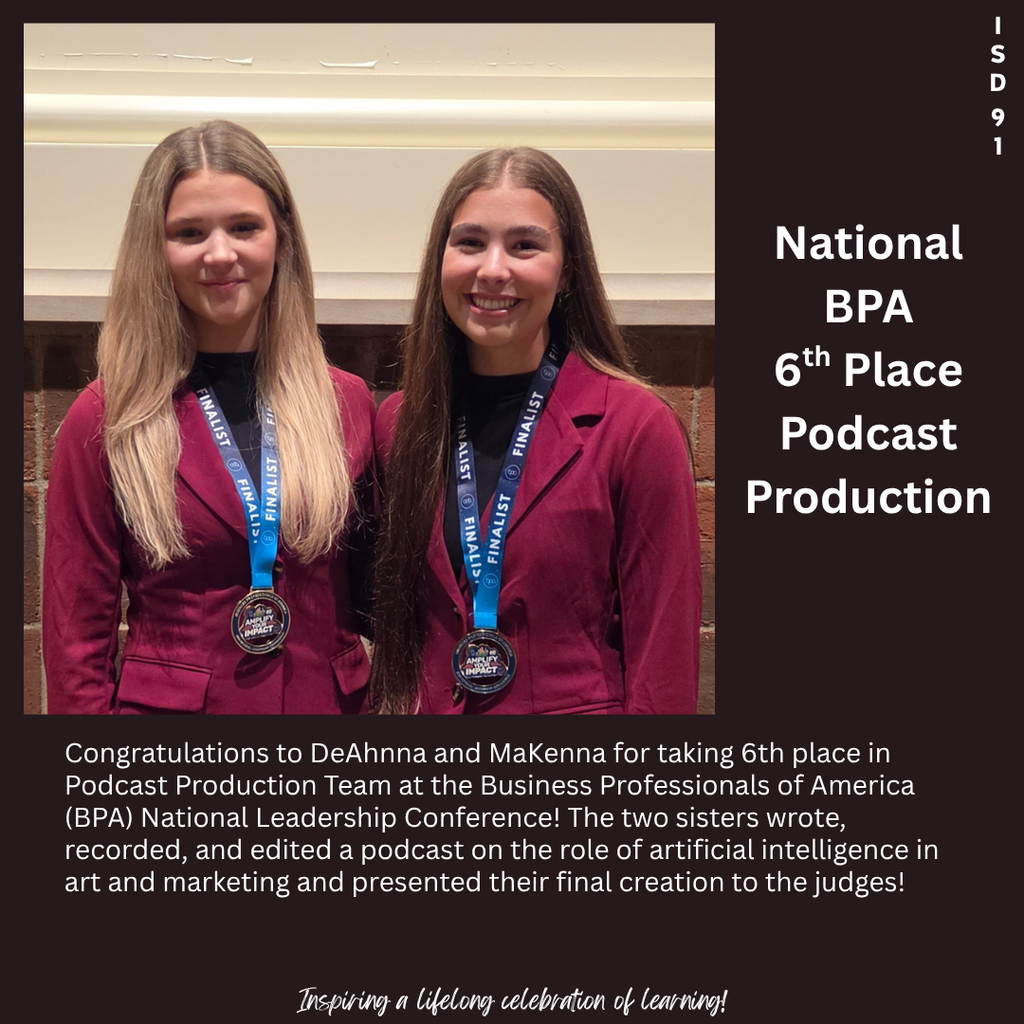 Two high school females dressed in similar rose colored suits posing with their 6th place medals