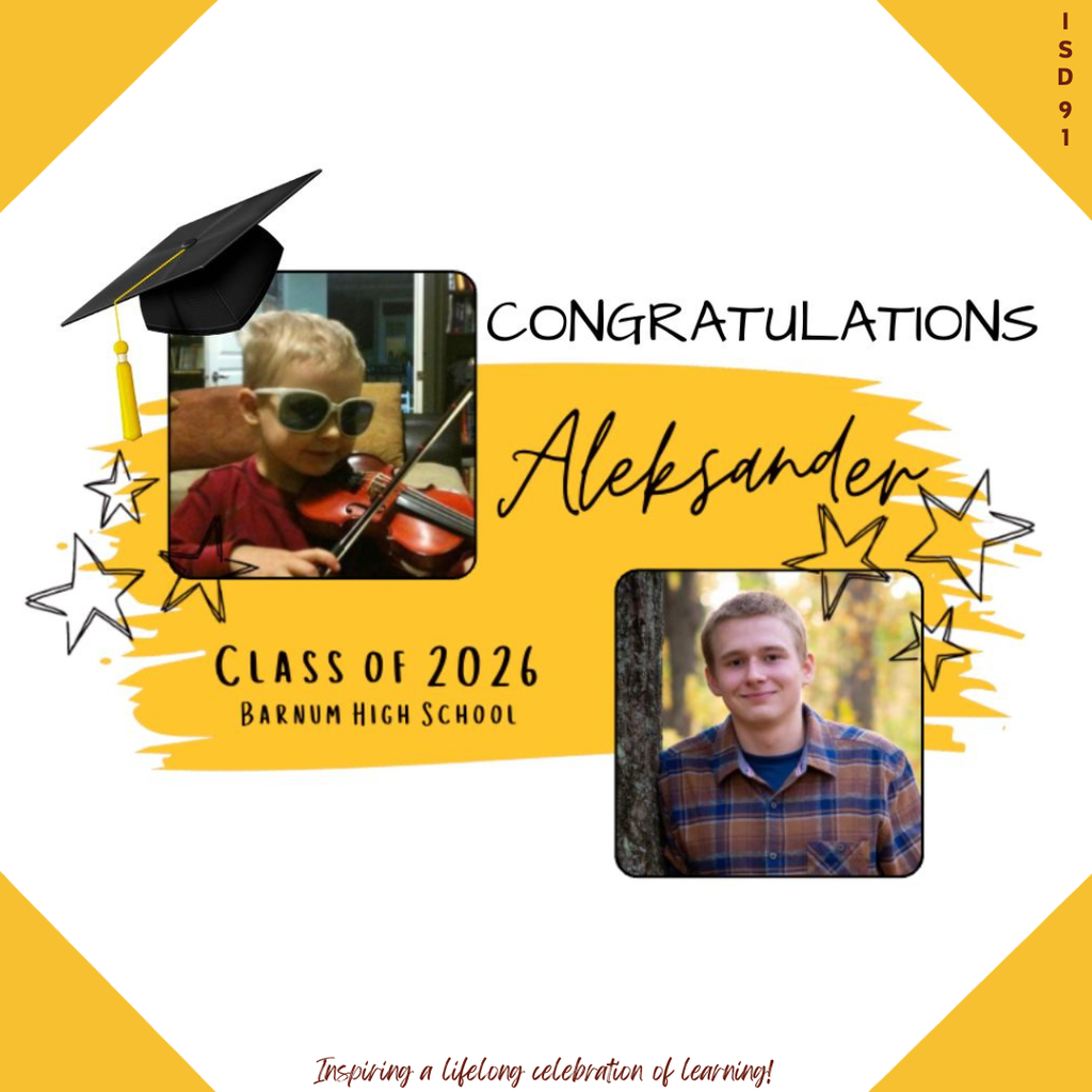 Congrats Barnum Class of 2026 - 2 pics of male graduate, one when young and one current