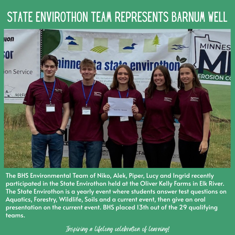 5 BHS students (2 boys, 3 girls) standing in front of a MN State Envirothon banner holding 13th place paper, all in maroon tees