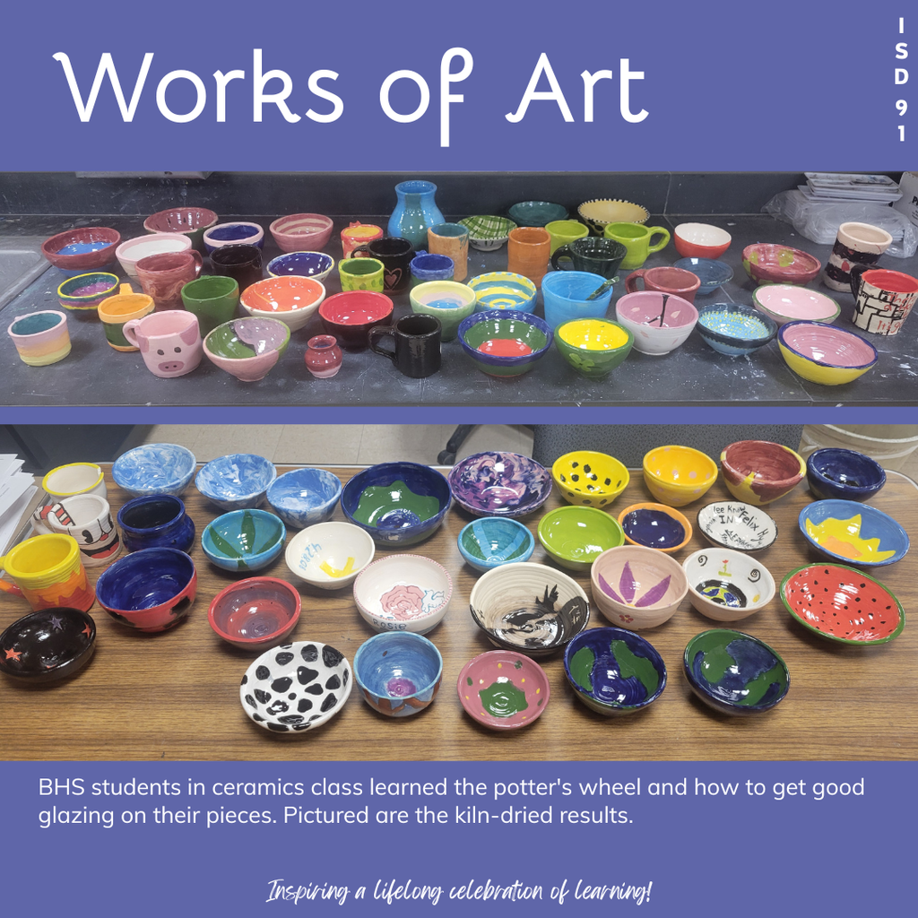 two groupings of colorful ceramic bowls made by students