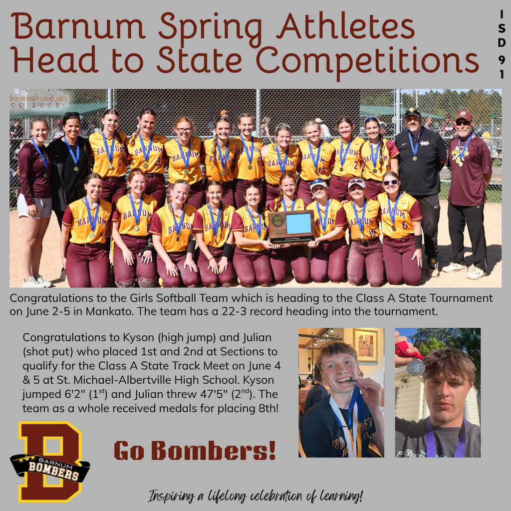 Softball team pictured wearing their 1st place medals and two track athletes pictured with their medals.