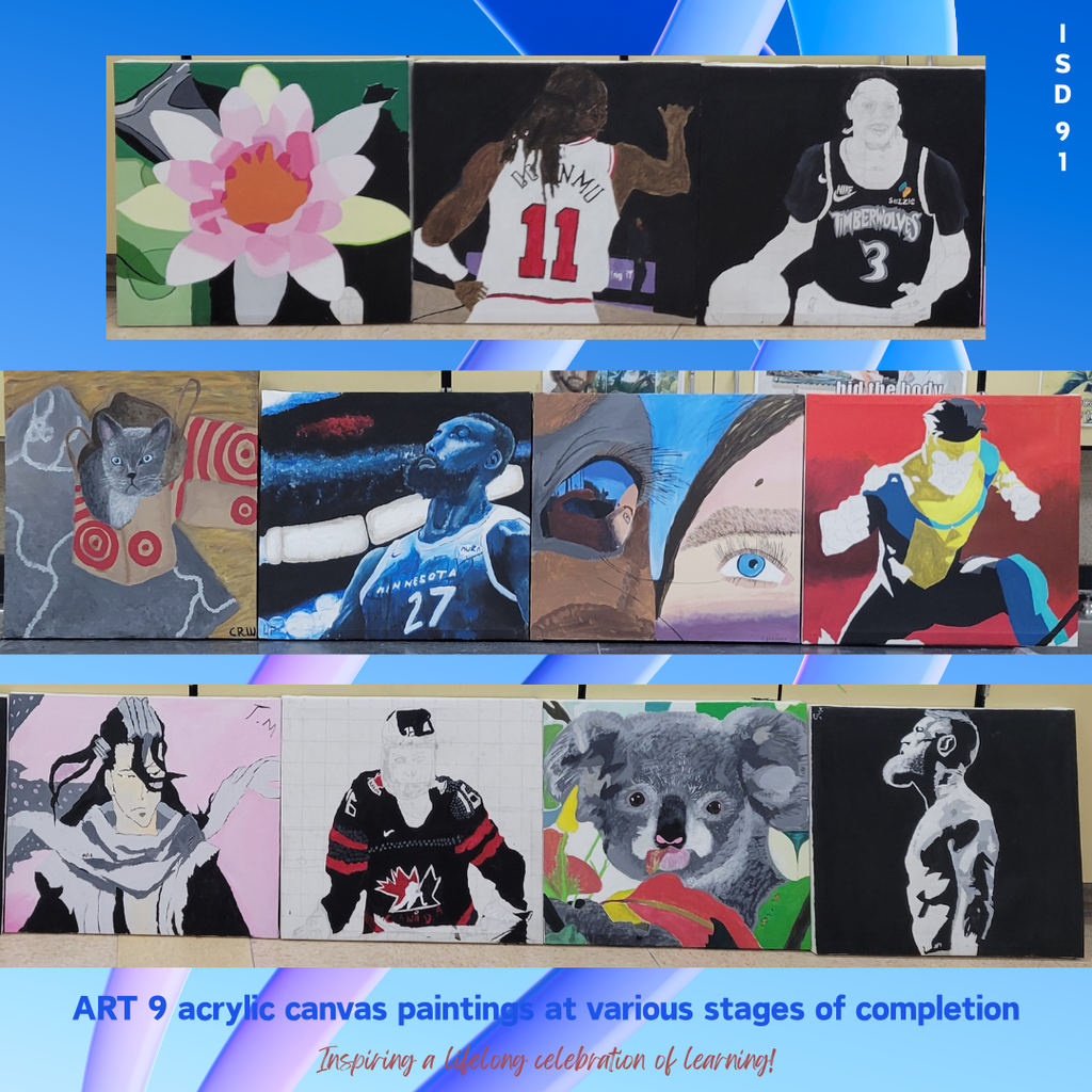 a wide variety of acrylic artwork created by 9th graders