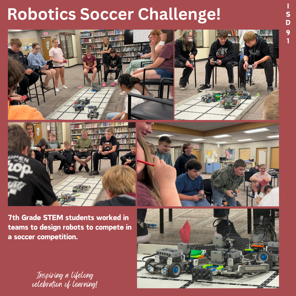 7th graders in library using remote controls to drive robot vehicles