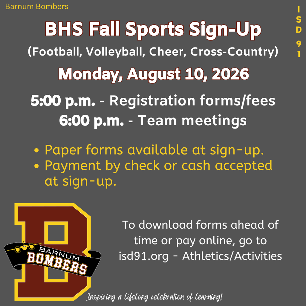 Fall sports sign-up info with school "B" logo