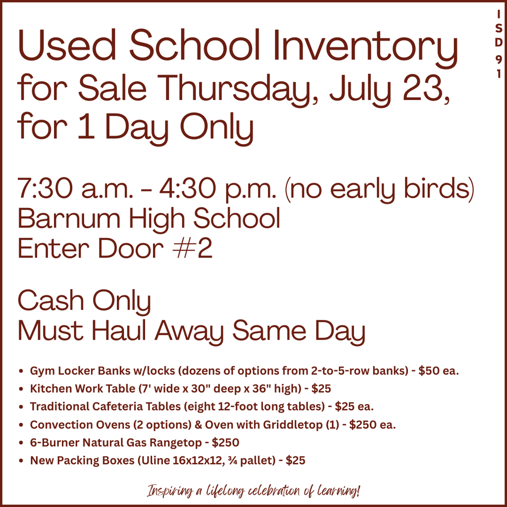 Used School Inventory Sale Notice in maroon on white background