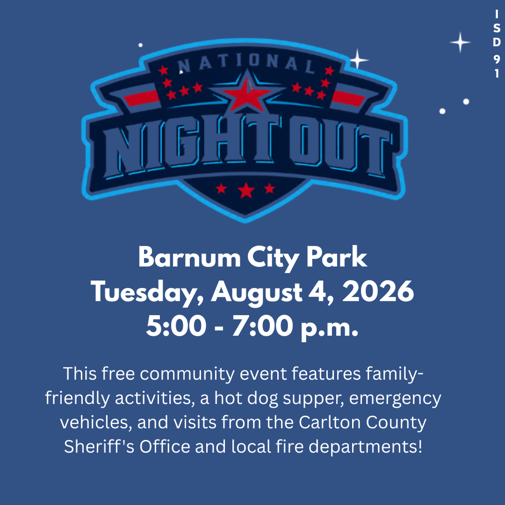 National Night Out info for Barnum City Park on blue background with white type