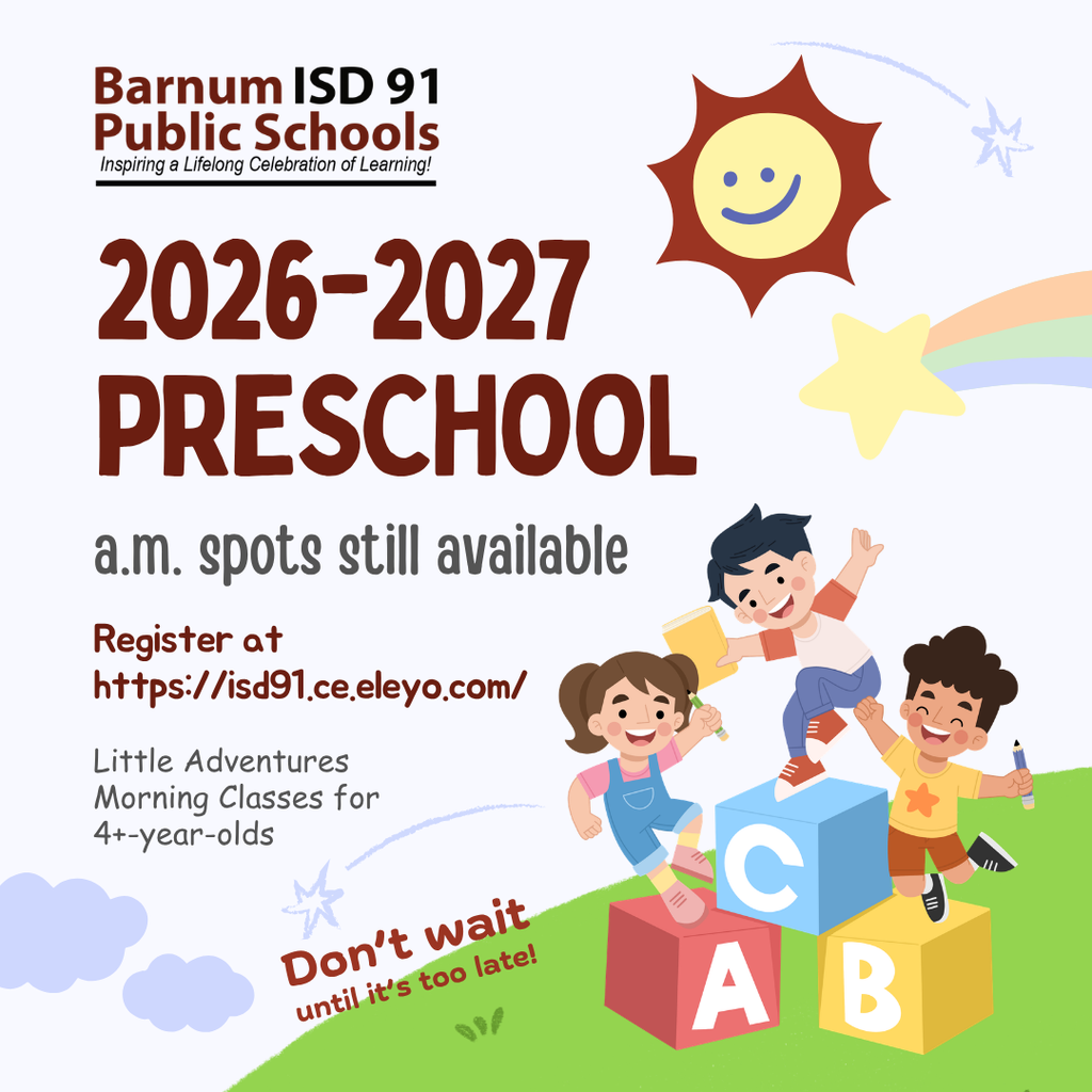 Preschool registration info with clipart of children playing on lettered boxes