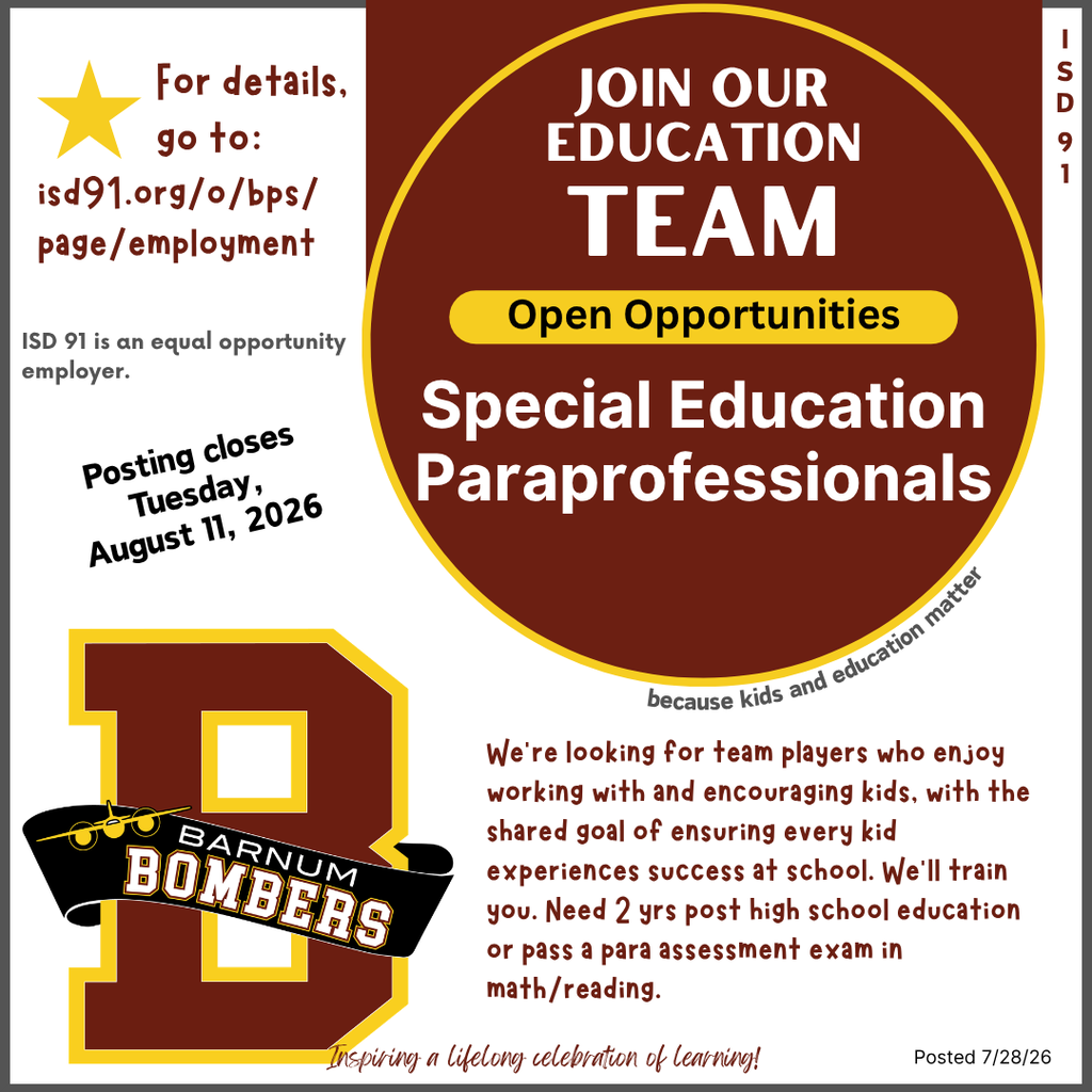 Job posting for paraprofessionals, white background maroon, yellow and black text and logo