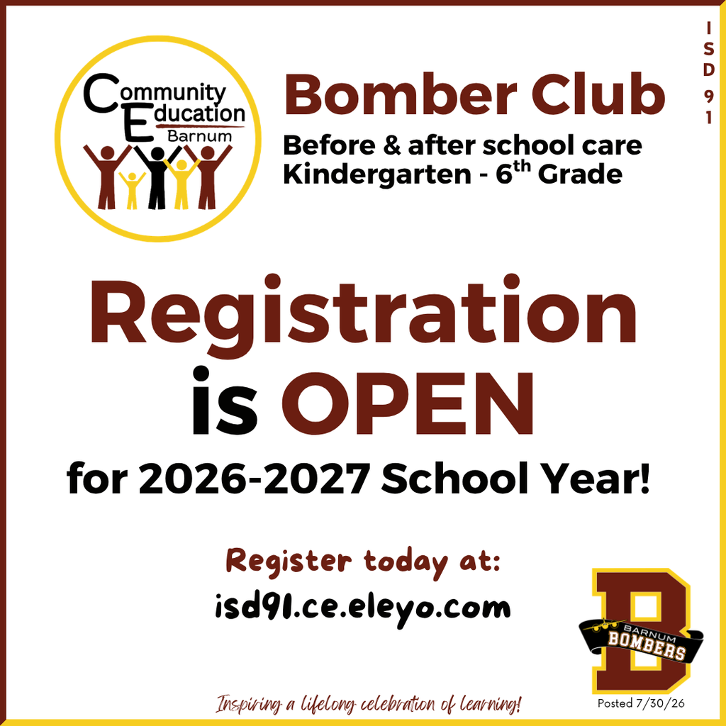 Bomber club registration info in black and maroon lettering with community ed logo in black, maroon and yellow and the Barnum Bombers "B" logo